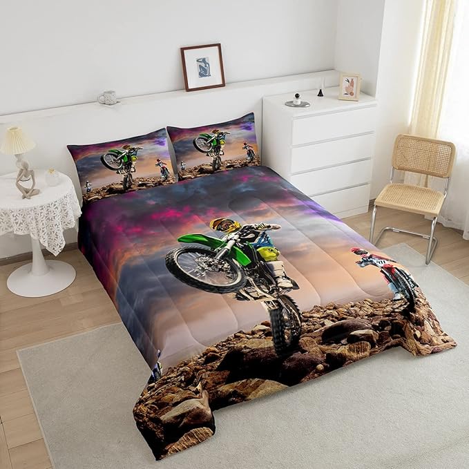 Dirt Bike Comforter Set for Boys Bedroom Motocross Rider Extreme Sports Duvet Insert Mountain Bike Bedding Quilted Set Kids Motorcycle Motorbike Down Comforter,Soft Lightweight for All Season,Full