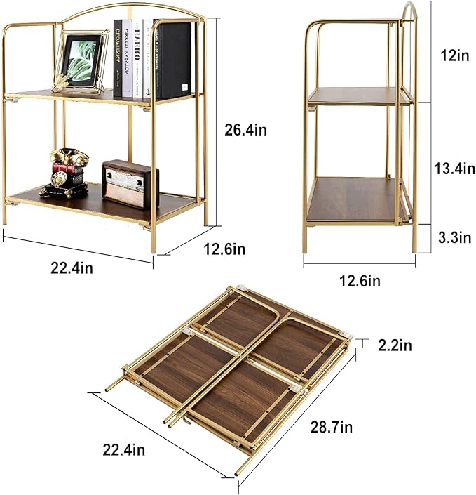 No Assembly Folding Bookshelf for Living Room, 2 Tier Gold Collapsible Book Shelf for Home Office, Portable Bookcase Storage Organizer