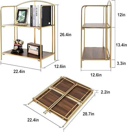 No Assembly Folding Bookshelf for Living Room, 2 Tier Gold Collapsible Book Shelf for Home Office, Portable Bookcase Storage Organizer