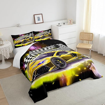 Feelyou Yellow Sports Car Comforter Sets King Size, Boys Race Car Bedding for Teens Girls Adult Extreme Speed Race Car Duvet Sets Black and White Grids Print Car Theme Bedroom Decor Quilts
