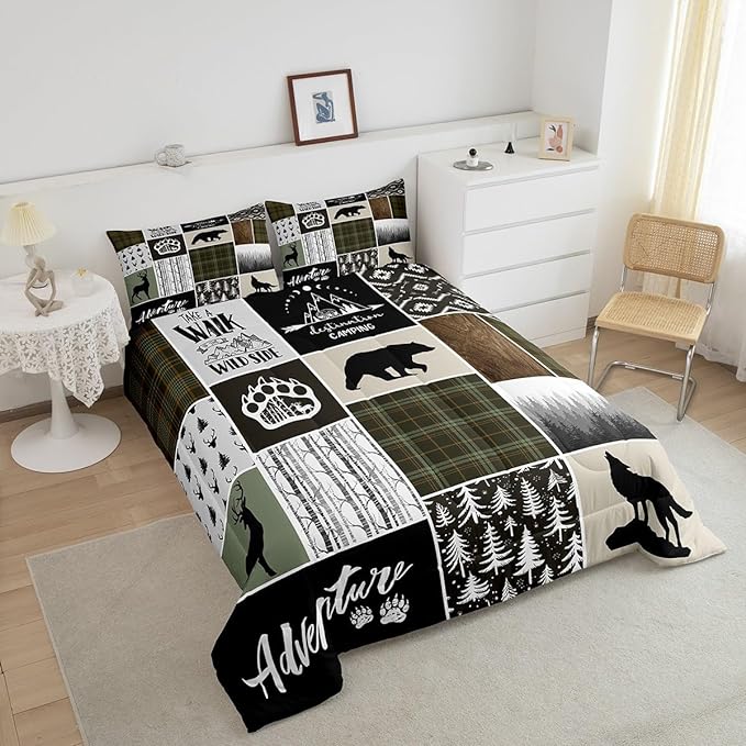 Camper Adventure Kids Comforter Set King Size,Deer Antlers Bear Paws Rustic Farmhouse Bedding Set for Boys Girls Adults Room Decor,Atzec Arrows Boho Down Comforter,Camo Duvet Insert,2 Pillowcases
