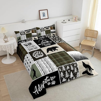 Camper Adventure Kids Comforter Set Twin Size,Deer Antlers Bear Paws Rustic Farmhouse Bedding Set for Boys Girls Adults Room Decor,Atzec Arrows Boho Down Comforter,Camo Duvet Insert,1 Pillowcase
