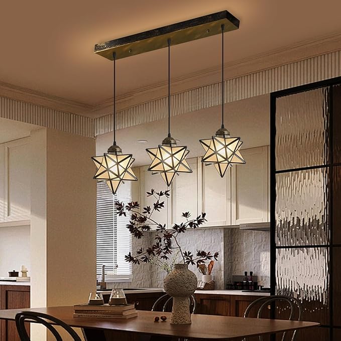 Farmhouse Frosted White Glass Chandelier 3 Lights Star Pendant Lights for Dining Table Kitchen Island Modern Ceiling Hanging Lights Included LED Warm Light Bulbs Oiled Bronze