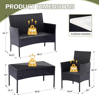 Patio Furniture Set,4 Piece Garden Conversation Set, Outdoor Wicker Rattan Table and Chairs, Black Patio Set, Sectional Sofa with Thick Cushion for Garden, Yard, or Porch (Black/Beige)