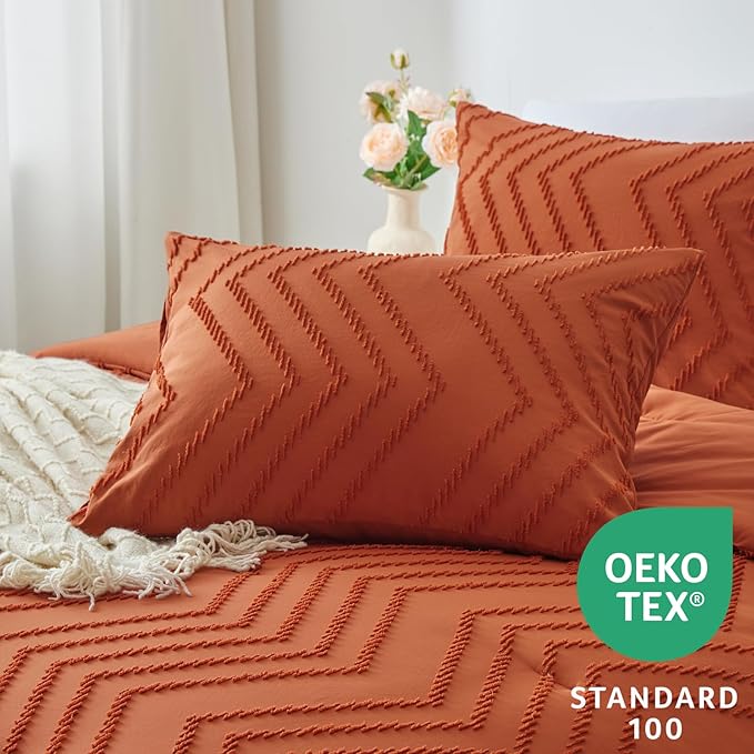 CozyLux Full Size Comforter Set Burnt Orange - 3 Pieces Terracotta Boho Tufted Shabby Chic Bedding Comforter Set for All Seasons, Chevron Bedding Sets with Comforter & 2 Pillow Shams
