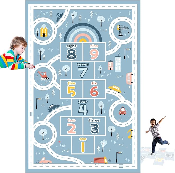 Kids Rug Play Mat, Car Rug, Hopscotch Rug, Hopscotch Mat for Kids, Can Be Used to Play with Cars Kids Carpet Play Mat,(Blue,80×160cm/32×63IN)
