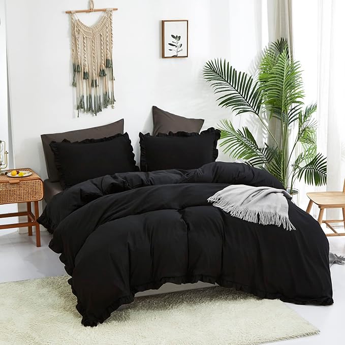 Black Ruffled Comforter Set Cal King Size Bedding Set Women Black Ruffles Blanket Men California King Ruffled Comforter Farmhouse Ruffle Fringe Design Girls 3 PCs Black Ruffled Bedding Set