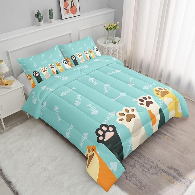 Datura home Cat Paws Comforter Bedding Set for Kids Teens,Cartoon Cat Paws and Fish Bones Pattern Lightweight Cyan Comforter with 2 Pillowcases,3pcs(Cat Paws Full)