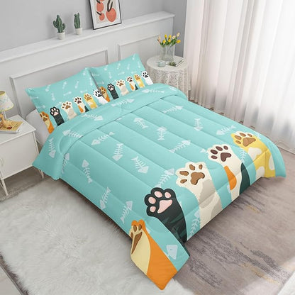 Datura home Cat Paws Comforter Bedding Set for Kids Teens,Cartoon Cat Paws and Fish Bones Pattern Lightweight Cyan Comforter with 2 Pillowcases,3pcs(Cat Paws Full)