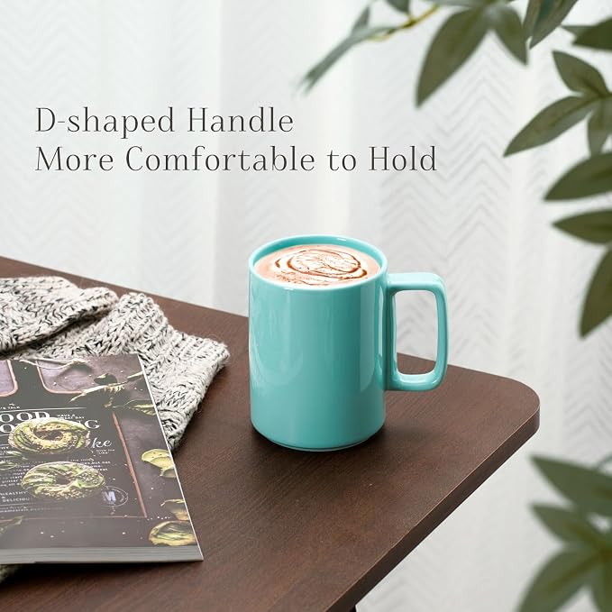 E-liu Large 15 Ounces Porcelain Coffee Mug Tea Mugs Set of 6 | Cups for Coffee, Tea, Cocoa, and Mulled Drinks , Dishwasher & Microwave Safe Gift Sets, Turquoise