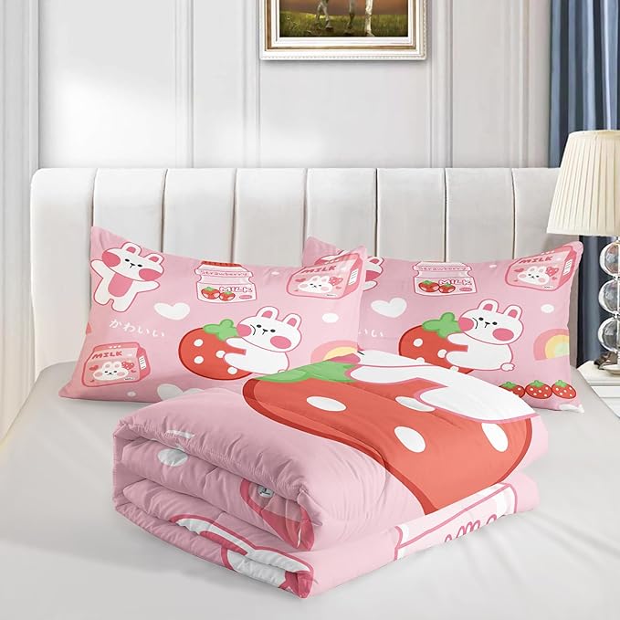 Strawberry Rabbit Comforter Set for Kids Teens Girls Women,Pink Bunny Kids Comforter,1 Comforter with 2 Pillowcase, Microfiber 3 Piece Bedding Set,for All Seasons(Pink，Full Size)