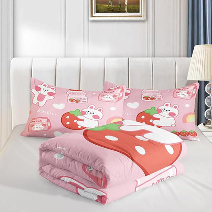 Strawberry Rabbit Comforter Set for Kids Teens Girls Women,Pink Bunny Kids Comforter,1 Comforter with 2 Pillowcase, Microfiber 3 Piece Bedding Set,for All Seasons(Pink，King Size)