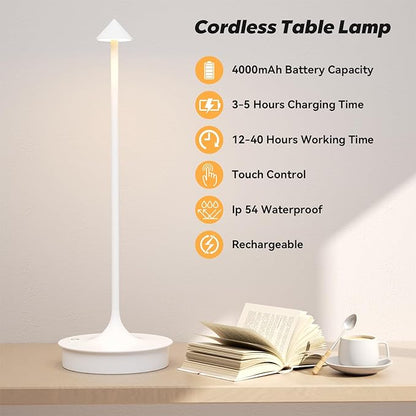 Set of 2 Cordless Table Lamp Rechargeable, Battery Operated Desk Lamp, 4000mAh LED Touch Lamp, Dimmable Portable Outdoor Waterproof Wireless Table Light for Restaurants/Bars/Outdoor(1PC, White)