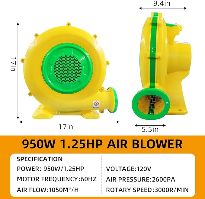 Air Blower, QILEBA Powerful Bounce House Blower for Inflatables, Portable Inflatable Bubble House Blower Fan Pump for Spray Booth, Bouncy Castle, Jumper, Water Slid, Blower Corded (1100W)