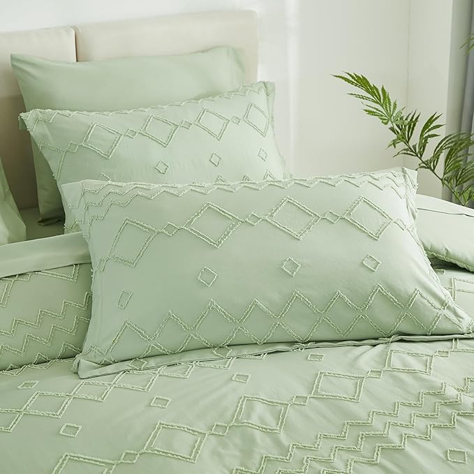 EMME Queen Comforter Set - 7 Pcs Sage Green Boho Bedding Sets, Full Size Tufted Comforter with Sheets, Shabby Chic Embroidery Queen Bed Set Fluffy Bed Bag for All Season(90"X90")