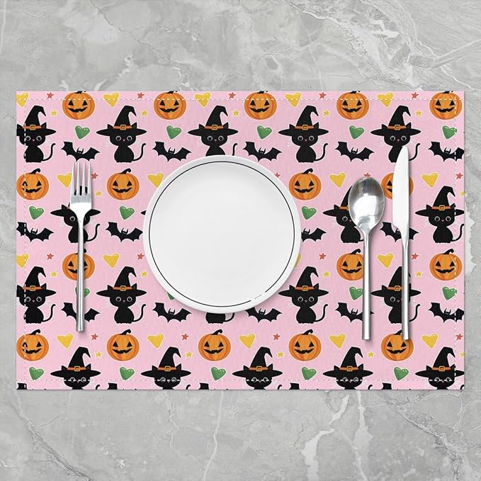 Feelyou Happy Halloween Placemats Set of 4 Cute Ghost Cat Table Mats Pink Orange Green Place Mat for Kitchen Dining Table Party Decor Indoor Outdoor 18"x12" Non-Slip Easy to Clean Pumpkin Lantern Bats