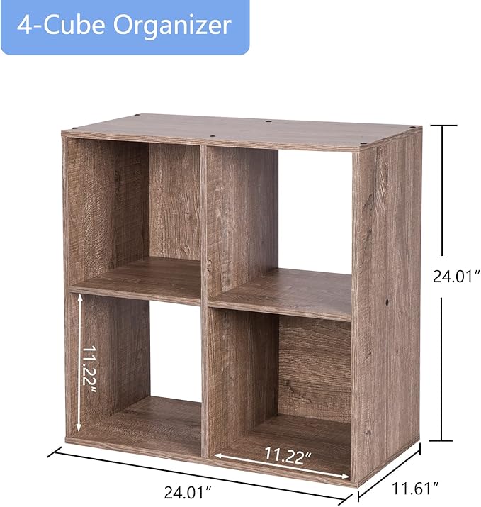 PACHIRA E-Commerce US 4-Cube Organizer Storage Bookcase Bookshelf Suit 11 Inch Storage Bins, Wood Sturdy Cubby Cube Closet Unit Assemble Display Rack Shelving, Rustic Brown Oak