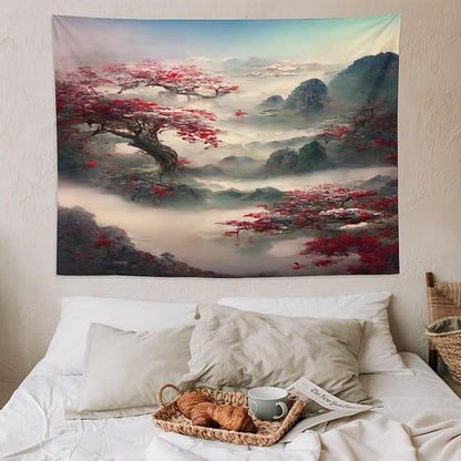 Japanese Tapestry, Red Plum Cherry Blossom Mountain, Nature Landscape, Bedroom & Living Room Decor, 80"x60"