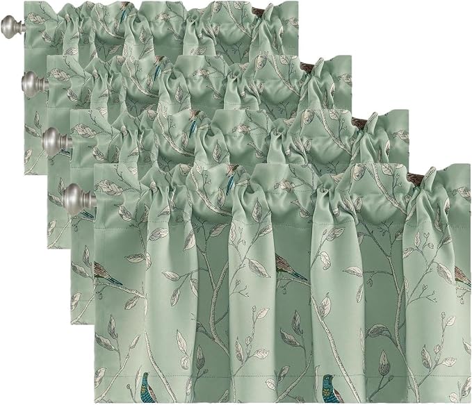 H.VERSAILTEX Blackout Curtain Valances for Kitchen Window/Living Room/Bathroom Privacy Added Rod Pocket Home Decoration Winow Valance, 52" W x 18" L, Birds in Sage (Pack of 4)