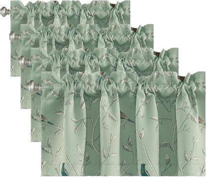 H.VERSAILTEX Blackout Curtain Valances for Kitchen Window/Living Room/Bathroom Privacy Added Rod Pocket Home Decoration Winow Valance, 52" W x 18" L, Birds in Sage (Pack of 4)