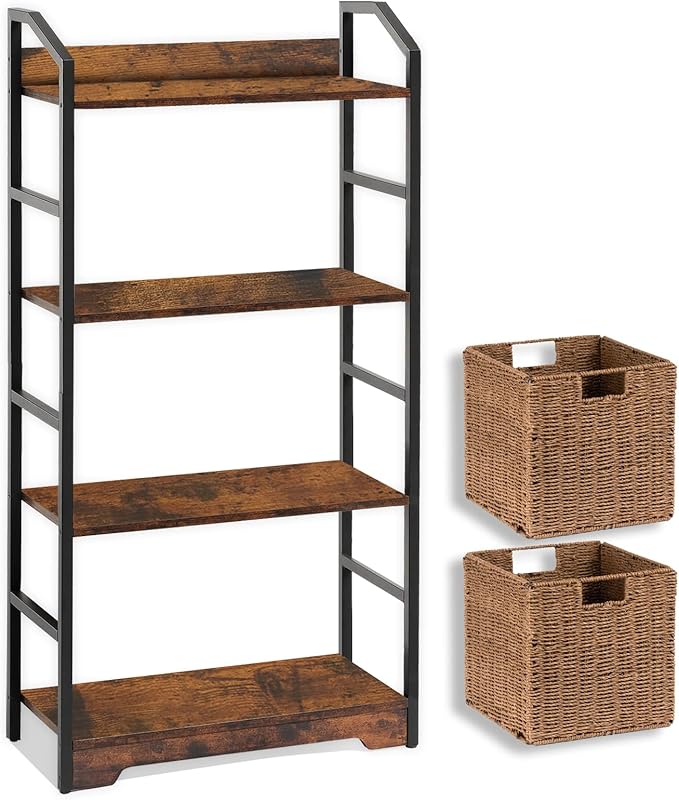 Vagusicc 4 Tier Bookshelf with 2 Storage Baskets, Tall Bookcase Shelf Storage Organizer Wood Book Shelf, Modern Shelf Rack Shelves with Steel Frame, Multipurpose Bookshelf for Bedroom Living Room