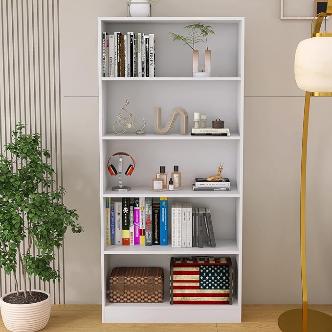 Bookshelves and Bookcases Floor Standing tall bookcase 5 Tier Display Storage Shelves Tall Bookcase Home Decor Furniture for Home Office(White 11.8" D x 31.5" W x 67.9" H)