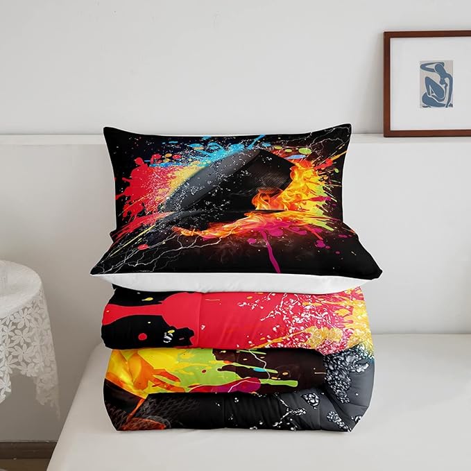 Erosebridal Hockey Bedding Set for Teen Boys Kids Winter Sports Twin Comforter Set Grunge Hippie Tie Dye Ball Bed Comforter Sets Red Blue Fire and Water Lightning Quilt Duvet Insert 1 Pillow Case