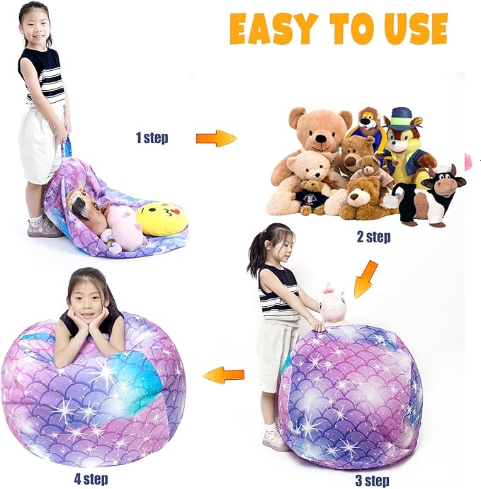 Stuffed Animal Storage Bean Bag Chair Cover, Hold Kids Plush Toys Blankets Towels Beanbag (Cover Only), Canvas Floor Circle Stuff Sit Seat Sofa with YKK Zipper, Large 32", Classic Mermaid