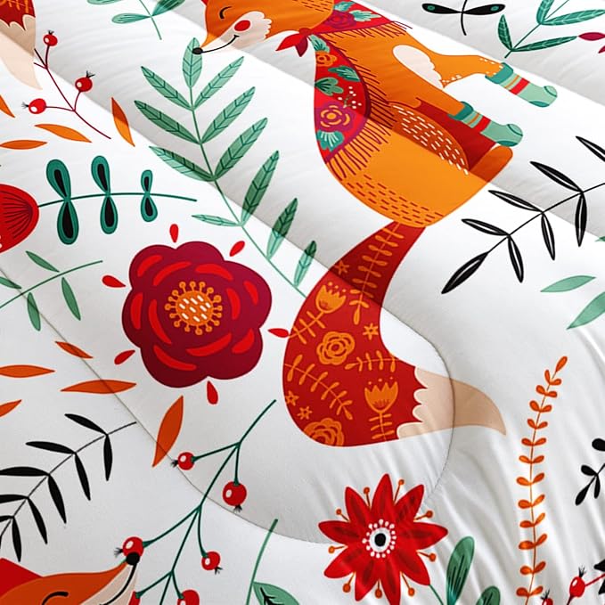 Cartoon Fox Comforter Set 3-Pieces Cute Fox Bedding Set Plants Leaves Printed Quilt Set for Kids Boys Girls with 2 Pillowcases Queen