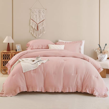 Andency Blush Ruffle Comforter Set, 2 Pieces Kids Comforter Set Twin(66x90Inch), Farmhouse Shabby Chic Comforter Set, Soft Microfiber Kids Bedding Set