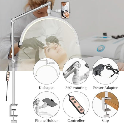 Half Moon Lash Light for Eyelash Extensions, Half Moon Lash Lamp with Phone Holder for Makeup, Nail, Facial, Tattoo - Dimmable Eyelash Lamp & Color Temperature 3000K-6000K
