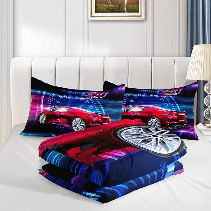 Axolotl Race Car Bedding Set Queen Size,Boys Extreme Sports Comforter Set for Kids Boys Car Racing Gifts,Red Cool Car Comforter Car Sports Quilt Set 1 Comforter Set with 2 Pillowcase Car Racing Gifts