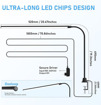 LED Clip on Light/Reading Light, 20" Ultra-Long Chips Bright Desk Lamp, 10%-100% Stepless Dimming & 3 Color Modes Office Lamp with 360° Gooseneck Memory Function Clamp Light for Working
