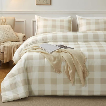 Andency Beige Grid Comforter Set Queen Size (90x90 Inch), 3 Pieces(1 Grid Comforter and 2 Pillowcases), Summer Lightweight Microfiber Down Alternative Beige Comforter