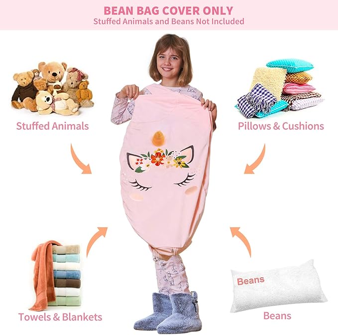 Aubliss Stuffed Animal Storage, Velvet Bean Bag Chairs Cover, Large 32" Ultra Soft Kids Toy Storage Organizer for Blankets Towels Clothes, Pink Floral
