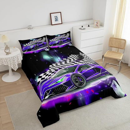 Purple Race Car Comforter Set Queen Size, Black White Lattice Bedding Set 2pcs for Kids Boys Teens Room Decor,Extreme Sport Games Quilt Set,Cool Modern Duvet Insert with 2 Pillowcases
