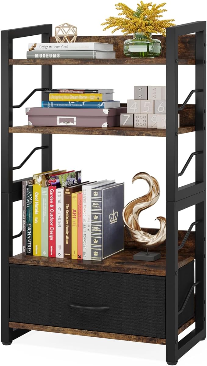 Small Bookshelf with Drawer: 4-Tier Wood Book shelf Industrial Narrow Bookcase Storage Organizer Metal Stackable shelves for Desktop Bedroom Living Room Home Office (Rustic Brown)
