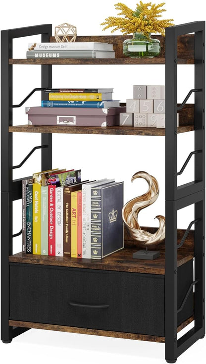 Small Bookshelf with Drawer: 4-Tier Wood Book shelf Industrial Narrow Bookcase Storage Organizer Metal Stackable shelves for Desktop Bedroom Living Room Home Office (Rustic Brown)