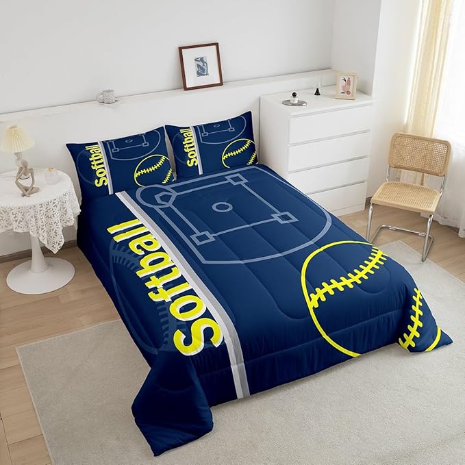 Feelyou Kids Softball Comforter Set King Size Sports Game Bedding Set for Boys Girls Teens Bedroom Decor Baseball Comforter Women Men Softball Gaming Duvet Set with 2 Pillow Case