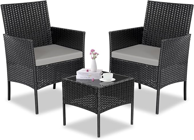 Patio Furniture Set 3 Pieces All-Weather Rattan Outdoor Furniture Patio Chairs with Tempered Glass Table for Porch Bistro Balcony Bistro Set(Black/Grey-2)