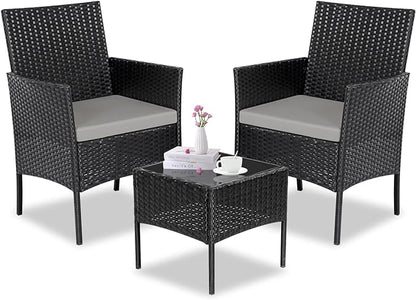 Patio Furniture Set 3 Pieces All-Weather Rattan Outdoor Furniture Patio Chairs with Tempered Glass Table for Porch Bistro Balcony Bistro Set(Black/Grey-2)