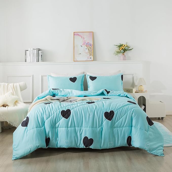 Love Pattern Girls Comforter Set Queen Size, Sky Blue Cute Love Heart Print Comforter Bedding Set for All Seasons, Geometric Soft Microfiber 3 Pieces Comforter Set with Pillowcases