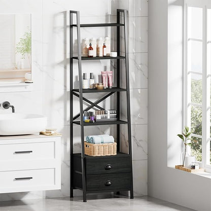 Furologee 5-Tier Ladder Shelf with 2 Drawers,Narrow Bookshelf Storage Shelves,Industrial Bookcase Freestanding Shelf Units for Bedroom,Living Room,Bathroom,Home Office,Balcony,Wood Metal, Black Oak