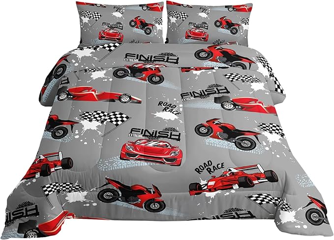 Axolotl Kid Comforter Set Twin Size,Racing Car Bedding Set for Boys Girls Teen Kids Children Car Racing Gifts,Race Cars Quilt Bed Set with 1 Comforter 2 Pillowcases,Red Grey