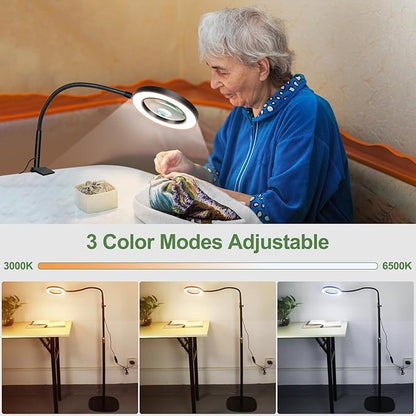10X&5X Magnifying Glass with Light, 3-in-1 Magnifying Floor Lamp, Flexible Goose Neck, 3 Color Modes 10 Levels Dimmable LED Lighted Magnifier Lamp for Home Office Close Wrok Reading Hands Free