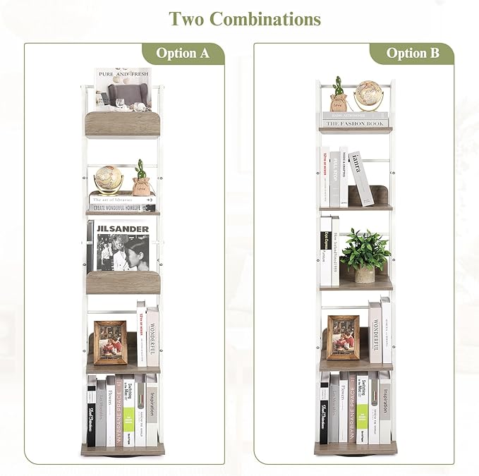 Bikoney Bookshelves 5-Tier, Rotating Bookshelf Tower for Corner, Small Bookcase, Tall Industrial Bookshelf, Narrow Bookshelf, Wood and Metal White