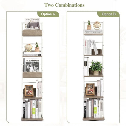 Bikoney Bookshelves 5-Tier, Rotating Bookshelf Tower for Corner, Small Bookcase, Tall Industrial Bookshelf, Narrow Bookshelf, Wood and Metal White