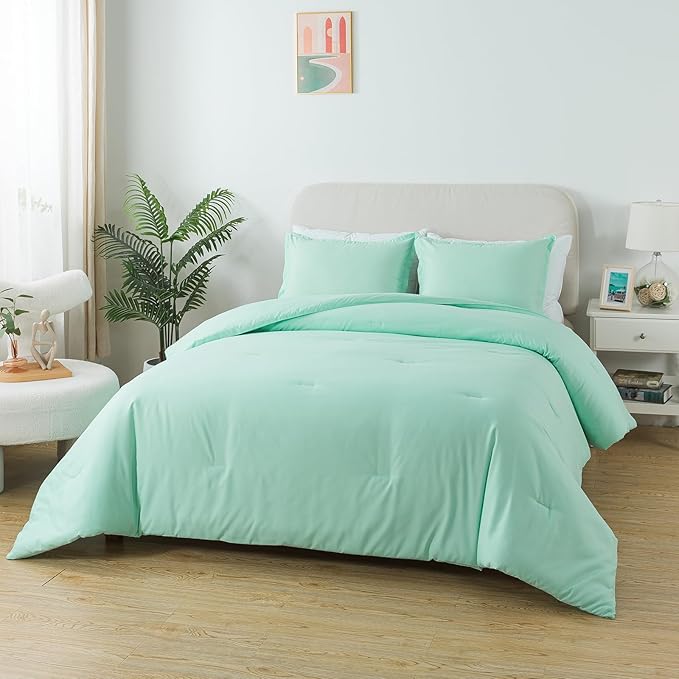 Sage Green Comforter Set Twin Size, Lightweight Down Alternative Soft Boho Bedding Comforter Set, Breathable Fluffy Skin-Friendly Comforter (68"x90") for All Seasons with Pillowcase