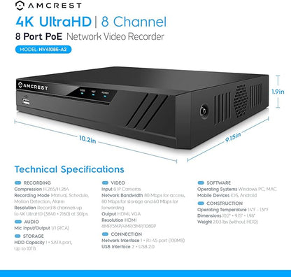 Amcrest 4K 8CH POE NVR (1080p/3MP/4MP/5MP/8MP) POE Network Video Recorder - Supports up to 8 x 8MP/4K IP Cameras, 8-Channel Power Over Ethernet Pre-Installed 2TB Hard Drive (NV4108E-2TB)