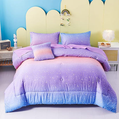 URBONUR Girls Comforter Set Queen 6PCS Gradient Purple Orange Glitter Moon Star Printed Bed in a Bag Soft Breathable Bedding Set for All Season (Star, Queen Size)
